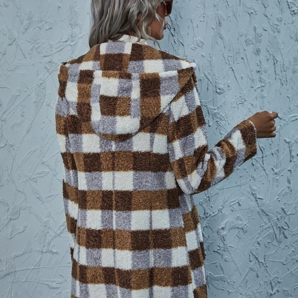 plaid brown mocha pocket hoodie teddy jacket coat - Picture 5 of 6